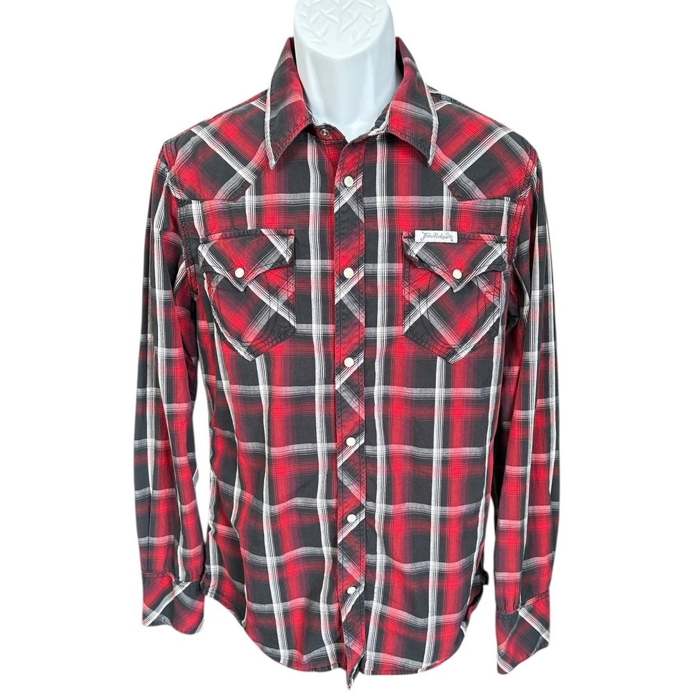 True Religion Long Sleeve Mens Red & Black Plaid Pearl Snap Western Shirt, Large
